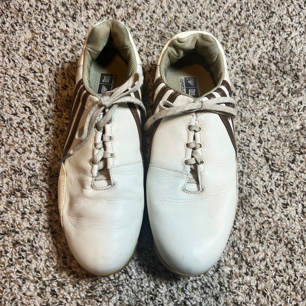 Adidas Golf Shoes‎ Leather Brown Stripe FitFoam Comfort White Mens Size 9